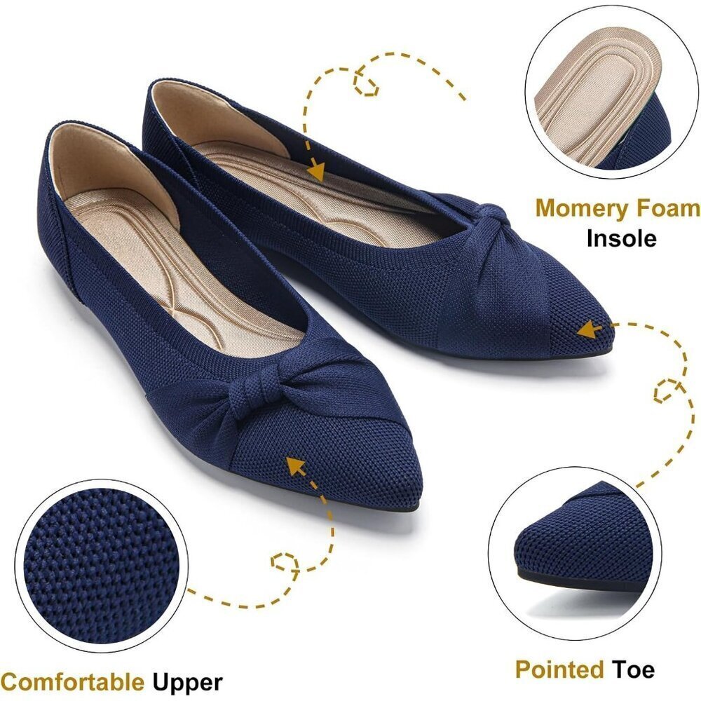 Women Navy Pointed Toe Ballet Comfortable Dressy Knit Lightweight Casual Flats - Picture 4 of 9
